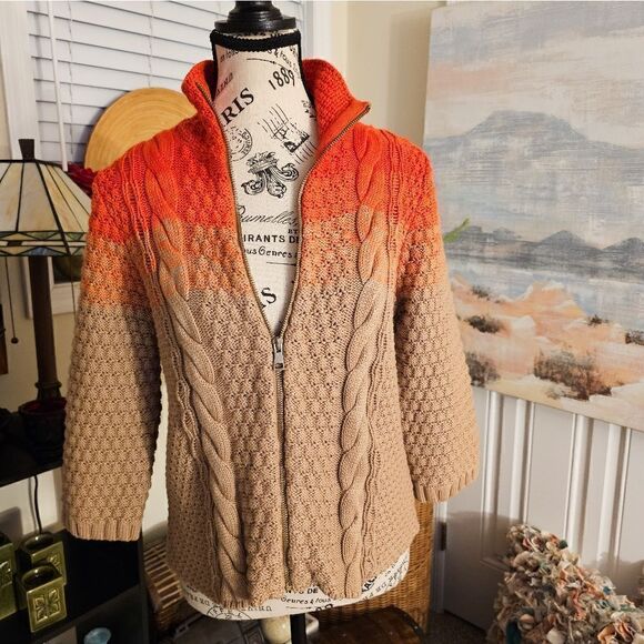 New Rachel Rachel Roy Orange/ Tan Ombra Thick Cable Knit Zipper Front Sweater. - Picture 8 of 15
